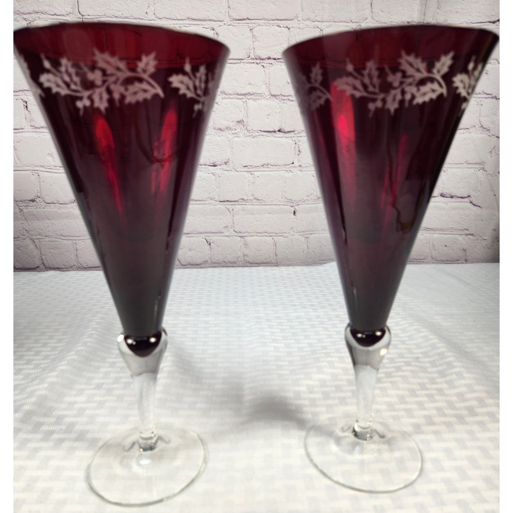 Vintage Lenox Holiday Gems Ruby Water Glasses Etched‎ 9 3/4" Size Lot Of 2